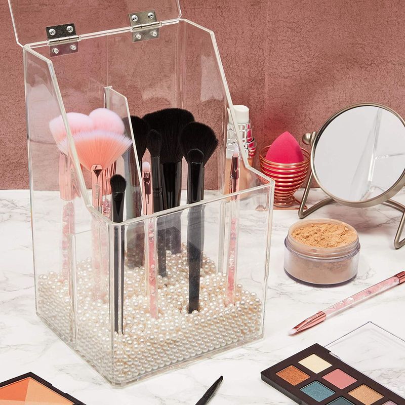 Acrylic Makeup Brush Holder with Lid and Beads Cosmetic Storage Organi –  GlamlilyOfficial