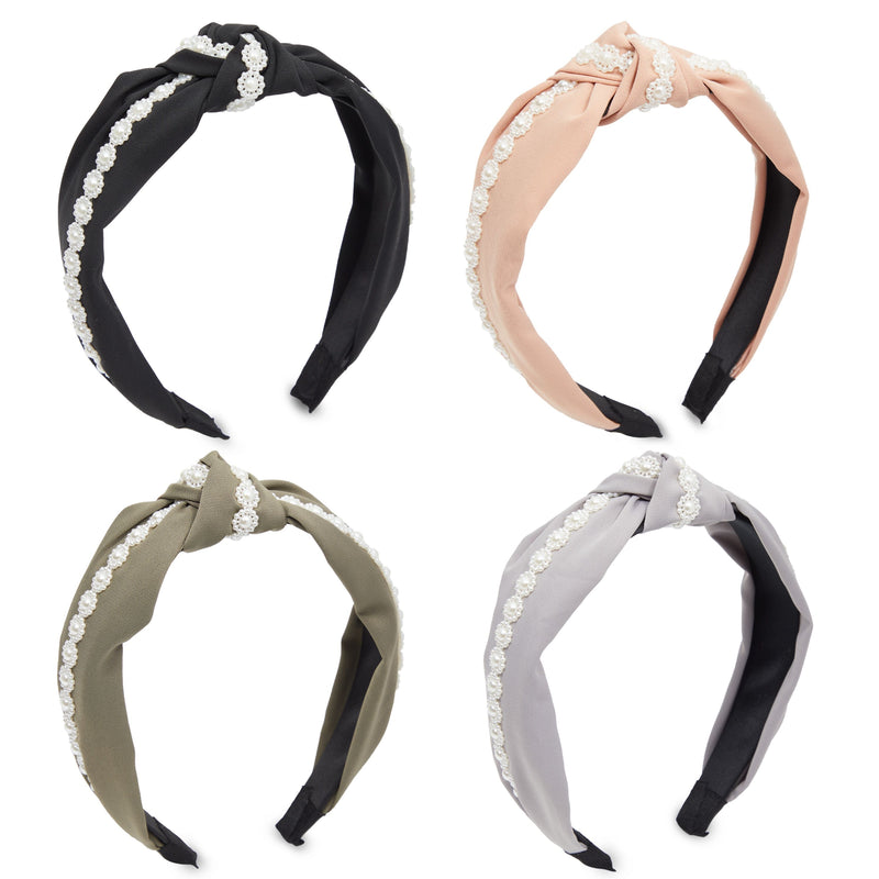 Knot Headbands with Lace Bead Trim, Fashion Headbands for Women and Girls (4 Colors, 4 Pack)