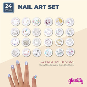 24 Pack 3D Nail Charms Kit Set with Rhinestones, Pearls for Manicures, Acrylic Nails, DIY Slime, Crafts, Jewelry Making, 24 Designs
