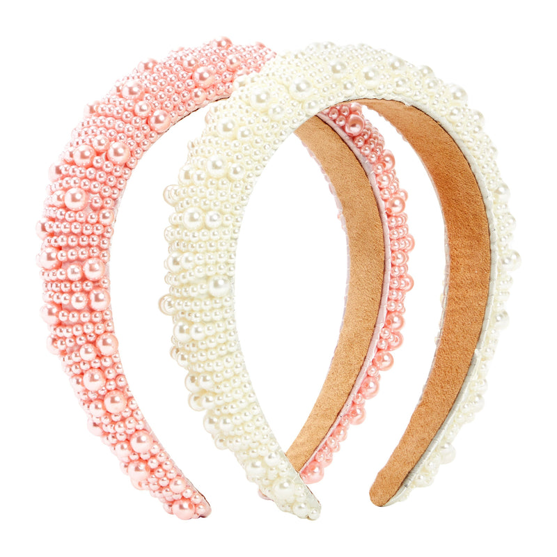 2 Pack Crystal Headbands for Women, Padded Pearl Headband (Light Pink, White)