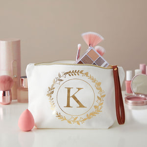 Gold Initial K Personalized Makeup Bag for Women, Monogrammed Canvas Cosmetic Pouch (White, 10 x 3 x 6 In)