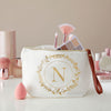 Gold Initial N Personalized Makeup Bag for Women, Monogrammed Canvas Cosmetic Pouch (White, 10 x 3 x 6 In)