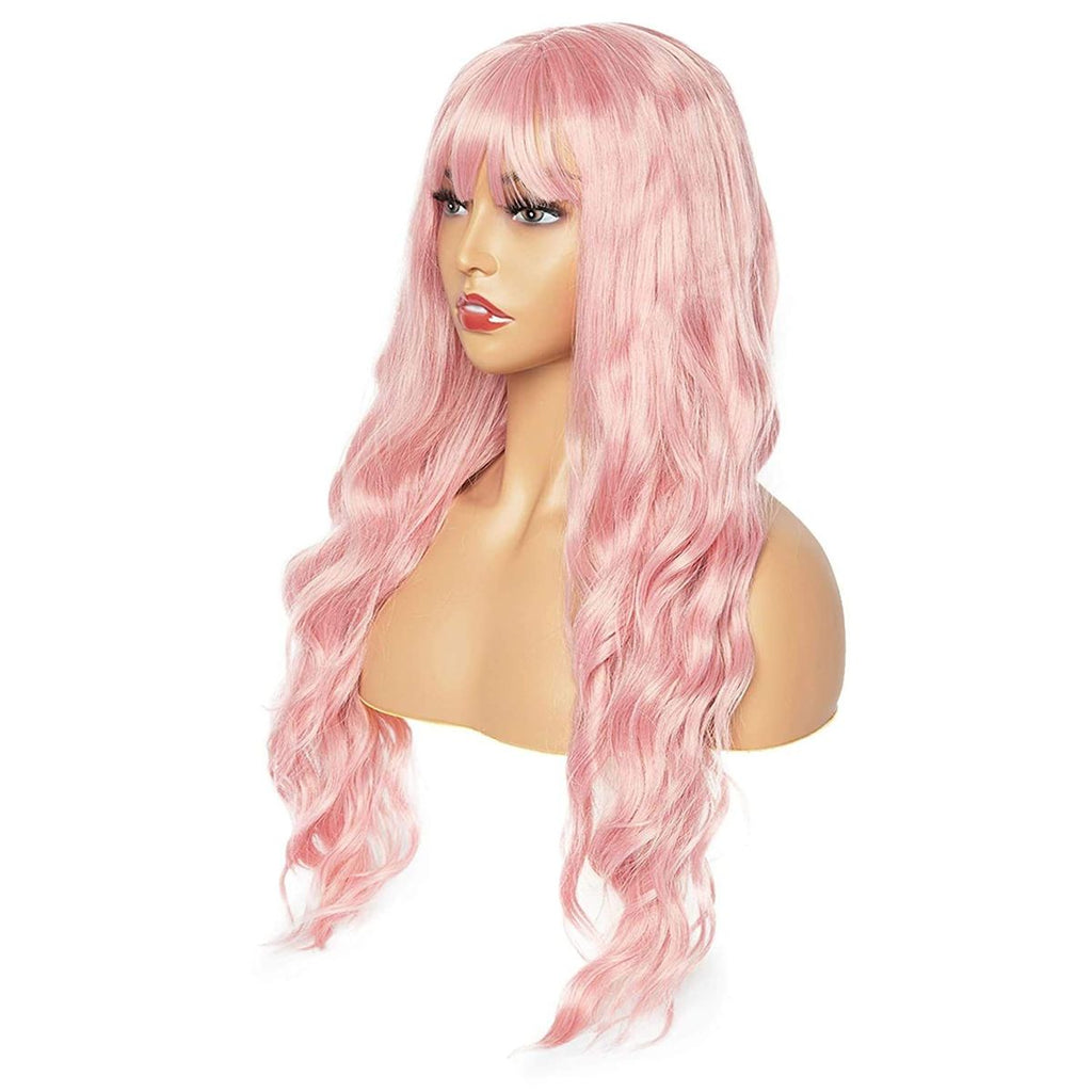Long Wavy Pink Pastel Synthetic Wig with Bangs for Women, 29 Inch Hair Wig