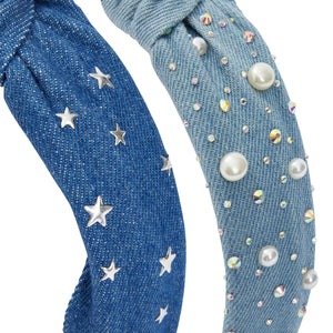 3 Pack Shades of Blue Knot Headband for Girls, Occasions and Gifts, with Pearls, Rhinestones, Star Studs (3 Colors)