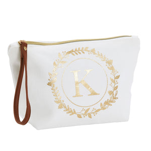 Gold Initial K Personalized Makeup Bag for Women, Monogrammed Canvas Cosmetic Pouch (White, 10 x 3 x 6 In)