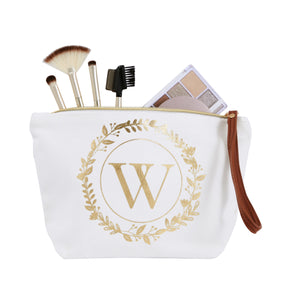 Gold Initial W Personalized Makeup Bag for Women, Monogrammed Canvas Cosmetic Pouch (White, 10 x 3 x 6 In)