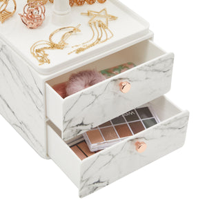 Marble Jewelry Display Tray and Makeup Organizer with Drawer for Vanity (7.3 x 7.7 x 13 in)