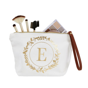 Gold Initial E Personalized Makeup Bag for Women, Monogrammed Canvas Cosmetic Pouch (White, 10 x 3 x 6 In)