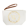 Gold Initial W Personalized Makeup Bag for Women, Monogrammed Canvas Cosmetic Pouch (White, 10 x 3 x 6 In)