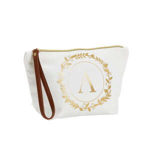 Gold Initial A Personalized Makeup Bag for Women, Monogrammed Canvas Cosmetic Pouch (White, 10 x 3 x 6 In)