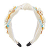Twisted Knot Jeweled Headband for Women, Beaded Floral Design (6 In, Cream Color)