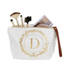 Gold Initial D Personalized Makeup Bag for Women, Monogrammed Canvas Cosmetic Pouch (White, 10 x 3 x 6 In)