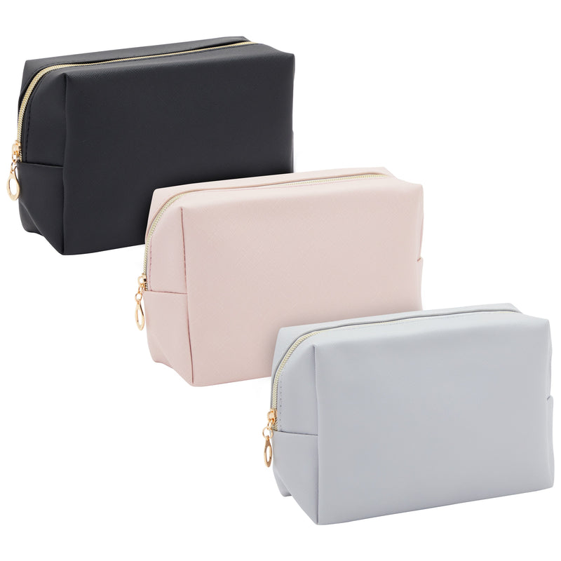 3 Pack Faux Leather Makeup Bag with Zipper, Travel Cosmetic Pouches (3 Neutral Colors)