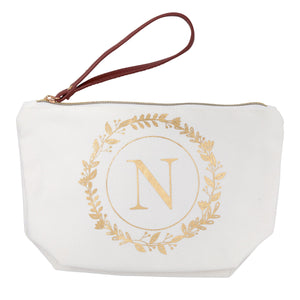 Gold Initial N Personalized Makeup Bag for Women, Monogrammed Canvas Cosmetic Pouch (White, 10 x 3 x 6 In)