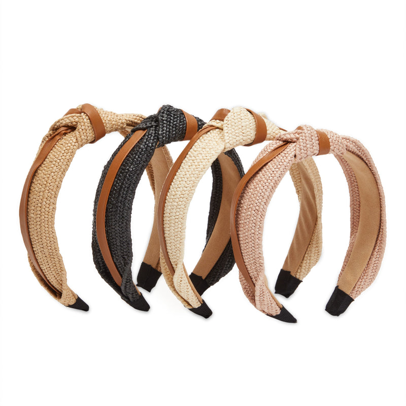 Woven Knotted Headbands for Women with Faux Leather Accents (4 Colors, 4 Pack)