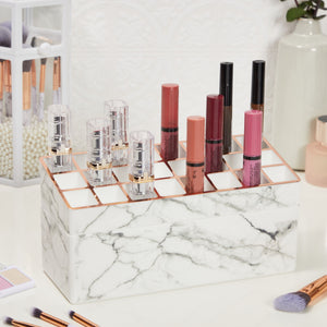 2-Tier Marble Makeup Organizer with Gold Trim, Lipstick Display Case, Brushes & Vanity Storage (9.15 x 4.5 x 3.75 in)